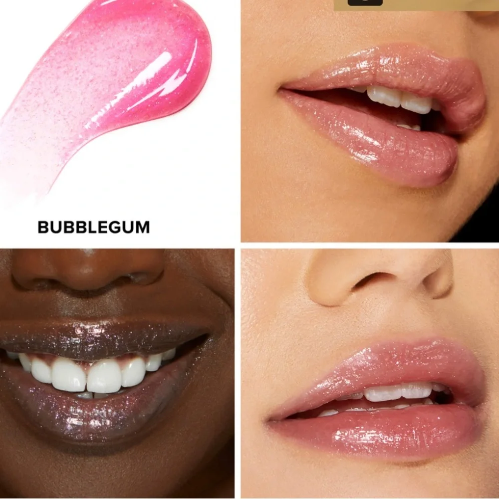 Too Faced Kissing Jelly Lip Oil Gloss in Bubblegum Pink with Gold Glitter